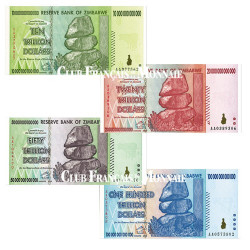 Lot de 4 billets Zimbabwe 2008 - Hyperinflation